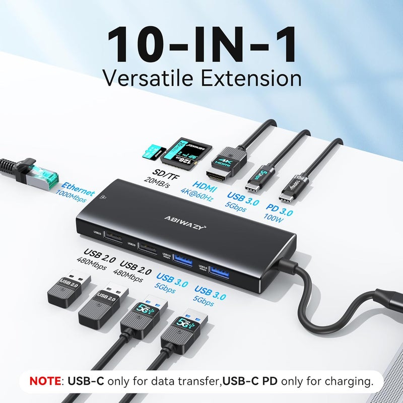 ABIWAZY USB C Hub Multiport Adapter, 10 in 1 USBC to Ethernet Adapter with 4K HDMI, Ethernet Gigabit, 100W PD, USB-C Data Port and SD/TF Slot for MacBook Pro/Air, Dell XPS, iPad Pro, Galaxy (Black) - Image 2